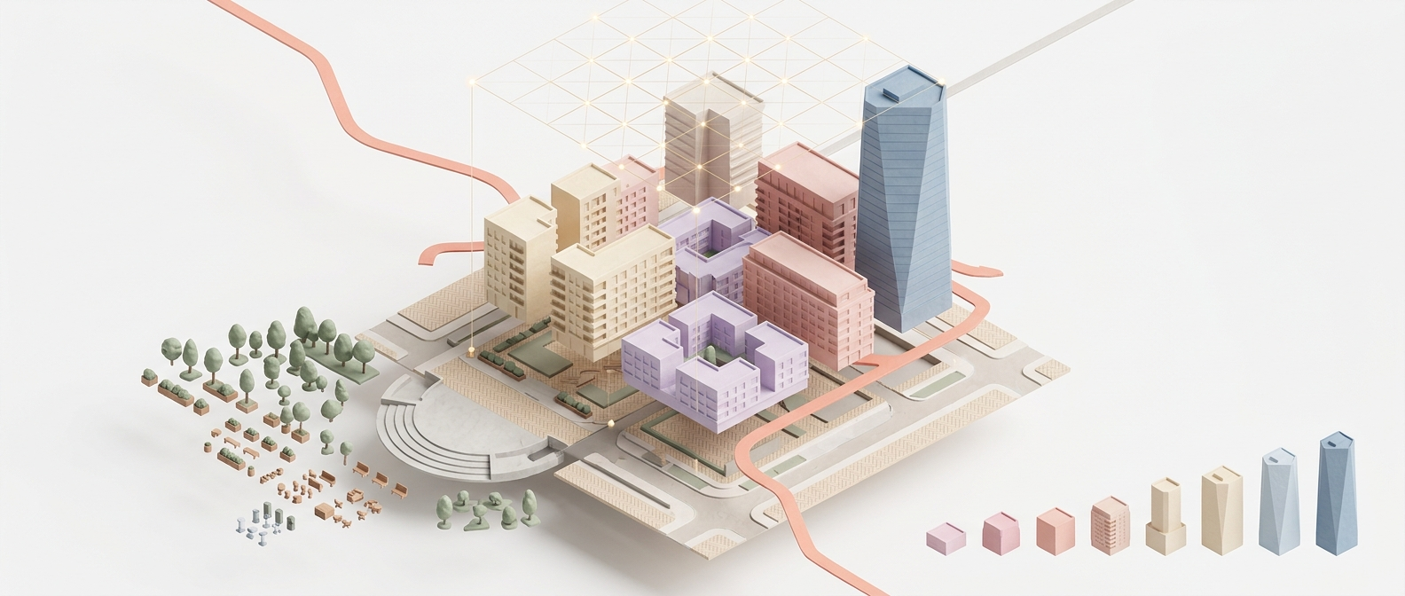 3D parametric design interface with towers and urban layout